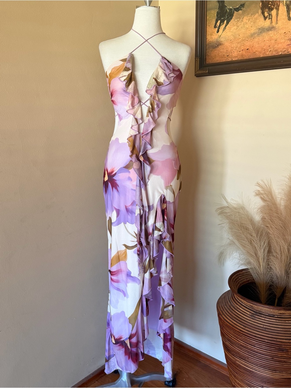 Lavender Floral Ruffle Halter Maxi Dress